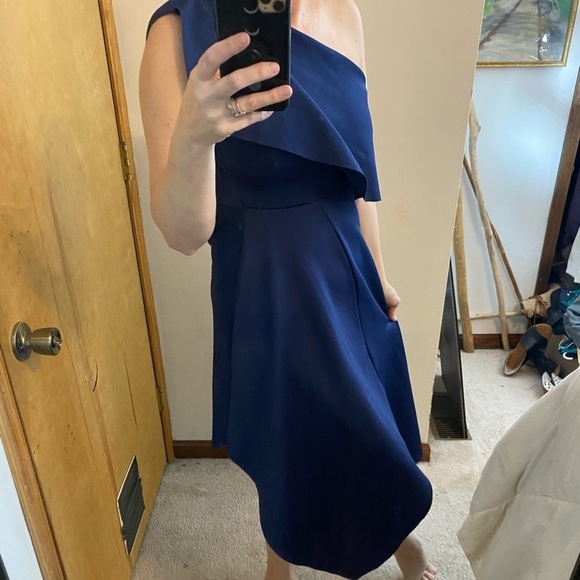 Topshop Ruffle One Shoulder Asymmetrical Hem Blue Scuba Dress - Picture 1 of 16